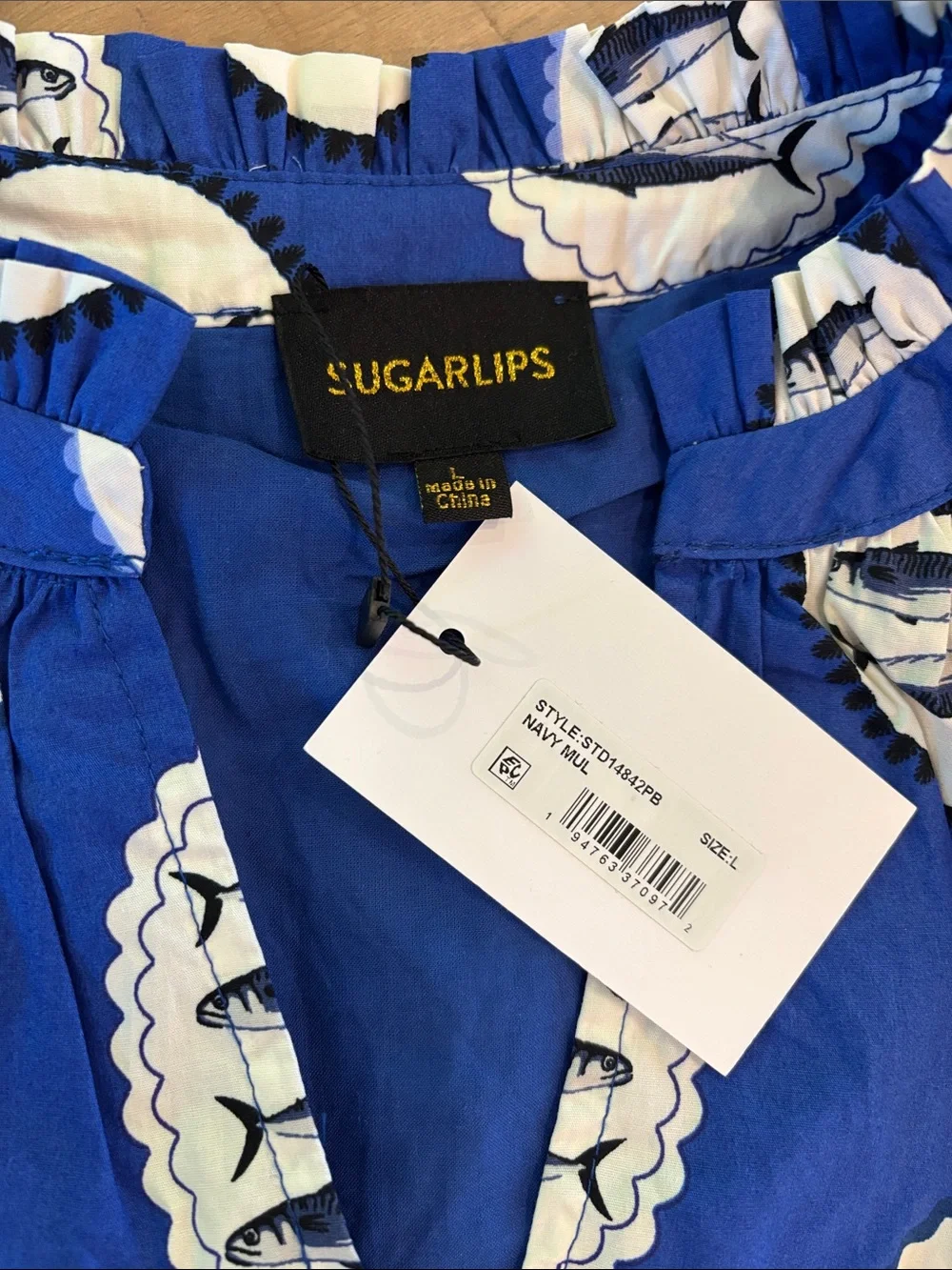 Sugarlips Sardine Sea Azari Shift Mini Dress Blue & White Large NWT 100% Cotton - Picture 5 of 7